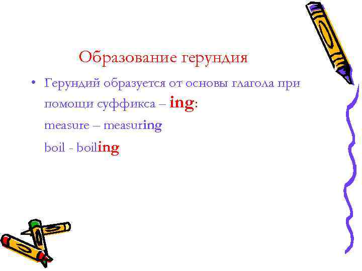 Образование герундия • Герундий образуется от основы глагола при помощи суффикса Образование герундия • Герундий образуется от основы глагола при помощи суффикса