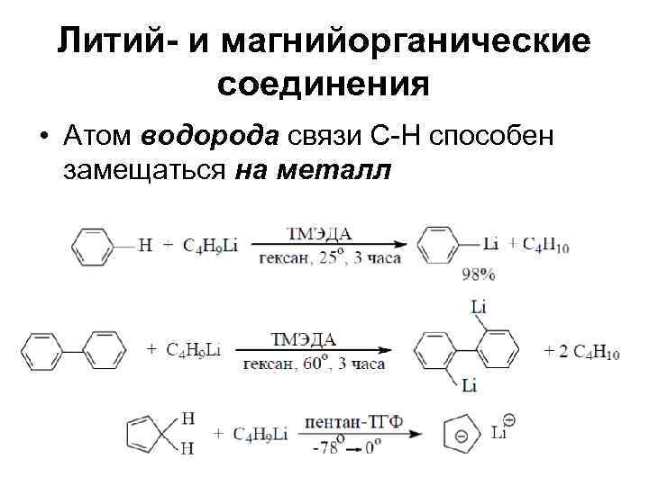  Литий- и магнийорганические  соединения • Атом водорода связи С-H способен  замещаться