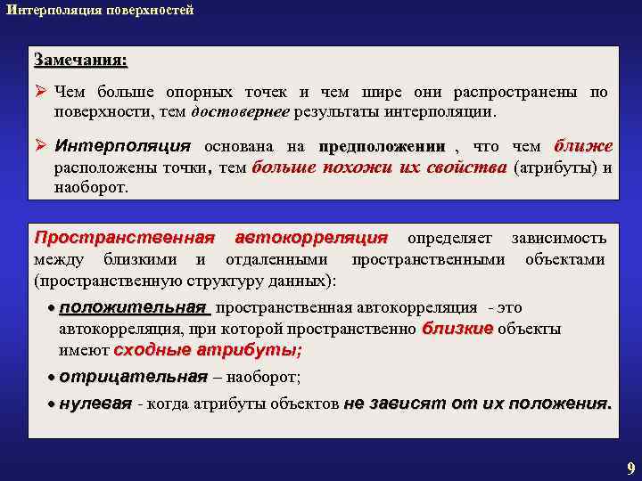Интерполяция поверхностей Замечания: Ø Чем больше опорных точек и чем шире они распространены по Интерполяция поверхностей Замечания: Ø Чем больше опорных точек и чем шире они распространены по