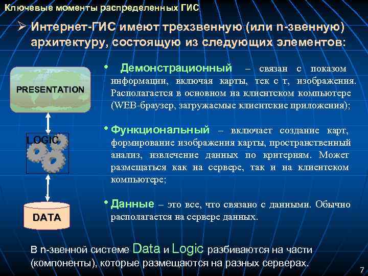 Ключевые моменты распределенных ГИС Ø Интернет-ГИС имеют трехзвенную (или n-звенную) архитектуру, состоящую из следующих