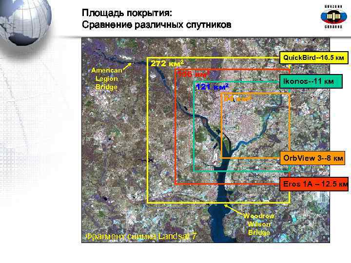 Площадь покрытия: Сравнение различных спутников Quick. Bird--16. 5 км 272 км 2 American Legion