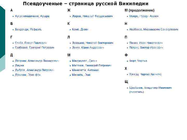 Псевдоученые – страница русской Википедии 