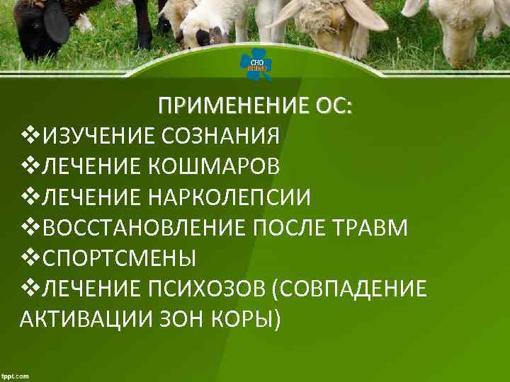 ПРИМЕНЕНИЕ ОС: v. ИЗУЧЕНИЕ СОЗНАНИЯ v. ЛЕЧЕНИЕ КОШМАРОВ v. ЛЕЧЕНИЕ НАРКОЛЕПСИИ ПРИМЕНЕНИЕ ОС: v. ИЗУЧЕНИЕ СОЗНАНИЯ v. ЛЕЧЕНИЕ КОШМАРОВ v. ЛЕЧЕНИЕ НАРКОЛЕПСИИ
