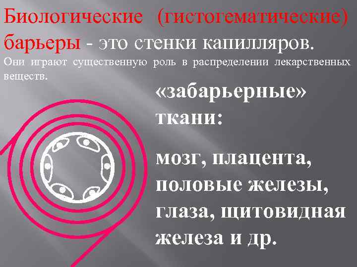 Биологические (гистогематические) барьеры - это стенки капилляров. Они играют существенную роль в распределении лекарственных