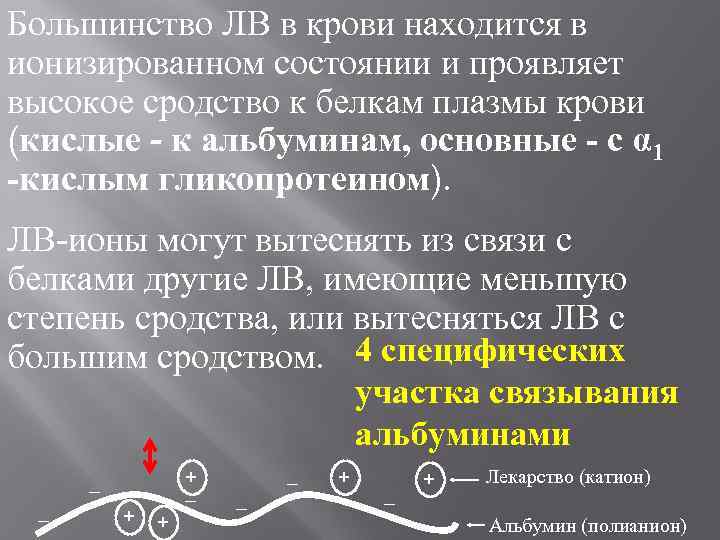 Большинство ЛВ в крови находится в ионизированном состоянии и проявляет высокое сродство к белкам