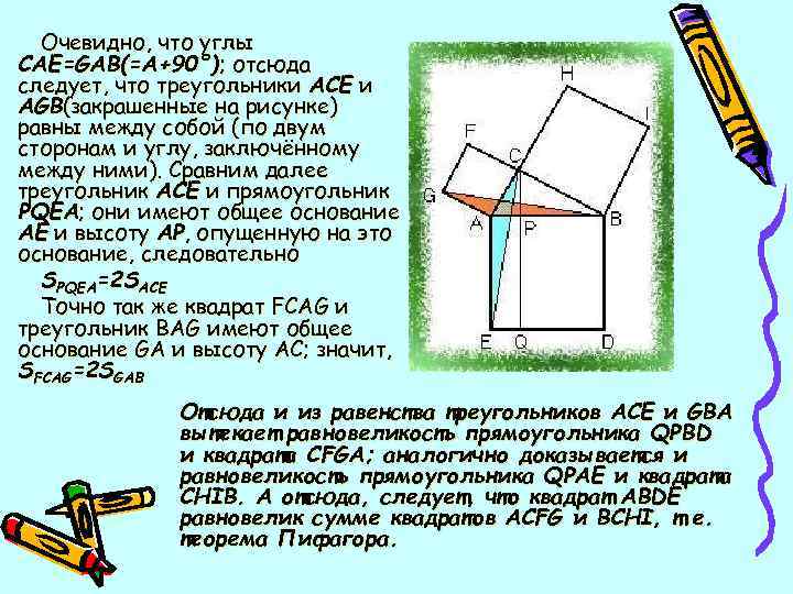  Очевидно, что углы CAE=GAB(=A+90°); отсюда следует, что треугольники ACE и AGB(закрашенные на рисунке)