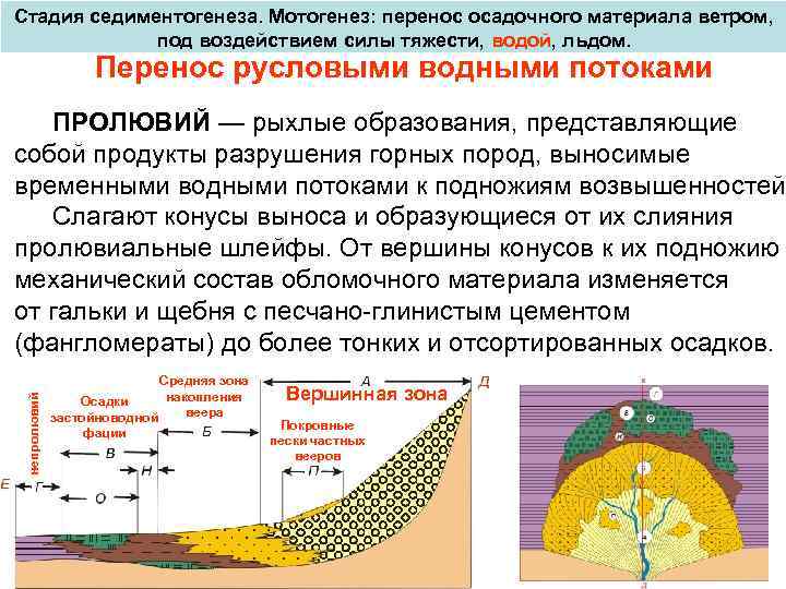 Стадия седиментогенеза. Мотогенез: перенос осадочного материала ветром, под воздействием силы тяжести, водой, льдом. Перенос