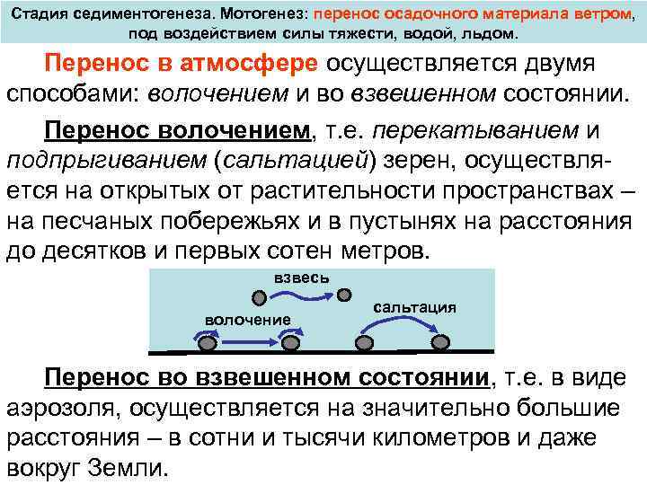 Стадия седиментогенеза. Мотогенез: перенос осадочного материала ветром, под воздействием силы тяжести, водой, льдом. Перенос