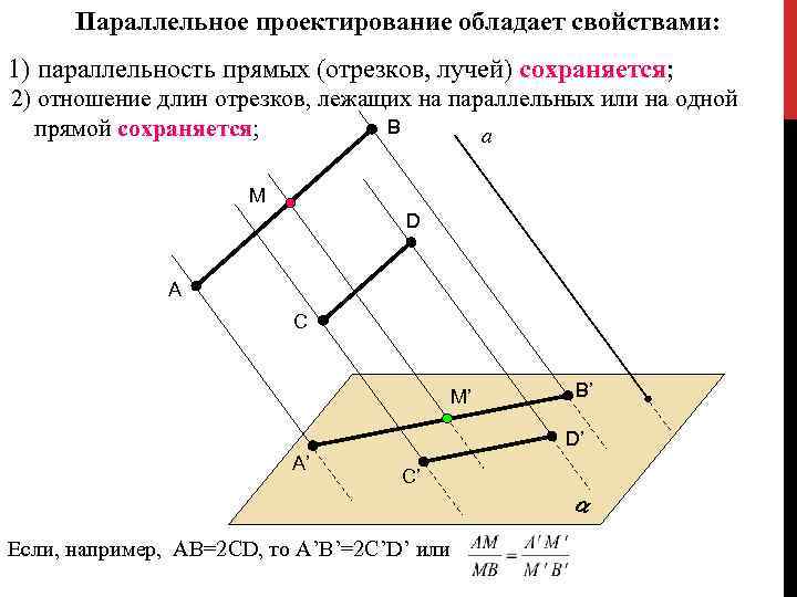  Параллельное проектирование обладает свойствами: 1) параллельность прямых (отрезков, лучей) сохраняется; 2) отношение длин