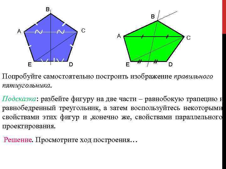  B A C A C E D Попробуйте самостоятельно построить изображение правильного пятиугольника.