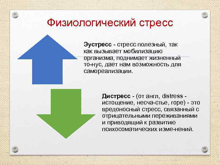Физиологический стресс  Эустресс полезный, так  как вызывает мобилизацию  организма, поднимает жизненный