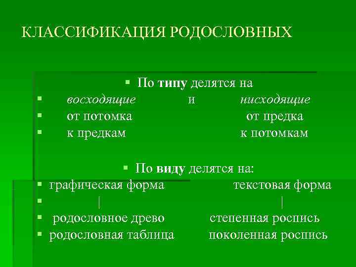 КЛАССИФИКАЦИЯ РОДОСЛОВНЫХ    § По типу делятся на § восходящие  и