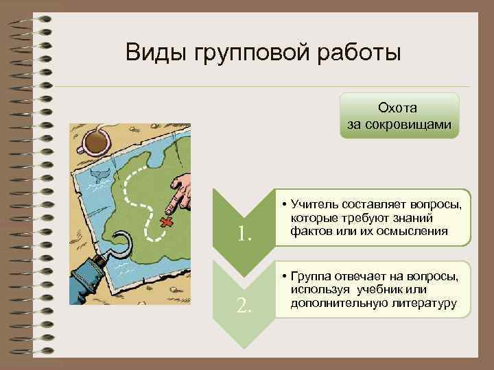 Виды групповой работы Охота за сокровищами • Учитель составляет вопросы, которые требуют знаний 1.