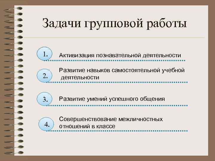 Задачи групповой работы 1. Активизация познавательной деятельности Развитие навыков самостоятельной учебной 2. деятельности 3.