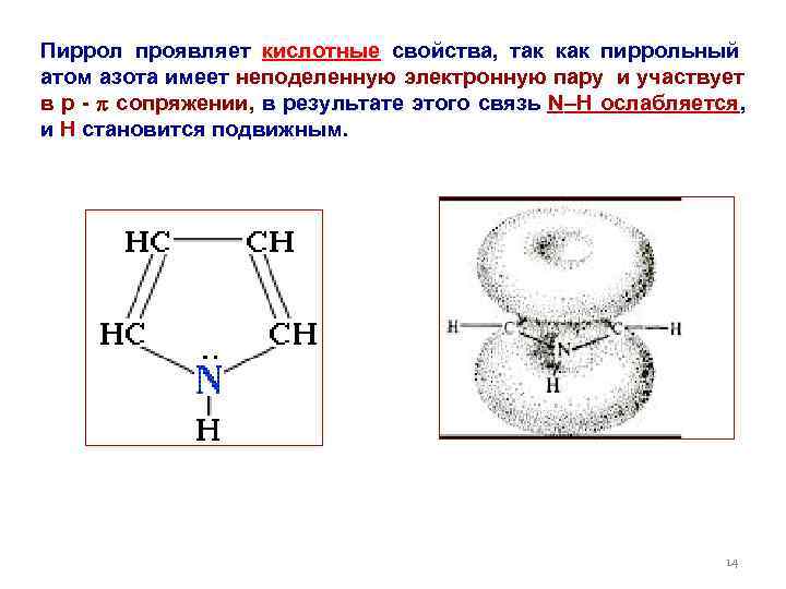 Пиррол проявляет кислотные свойства, так как пиррольный атом азота имеет неподеленную электронную пару и