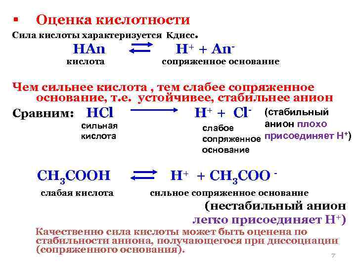 § Оценка кислотности Сила кислоты характеризуется Kдисс. HAn H+ + An- кислота сопряженное основание