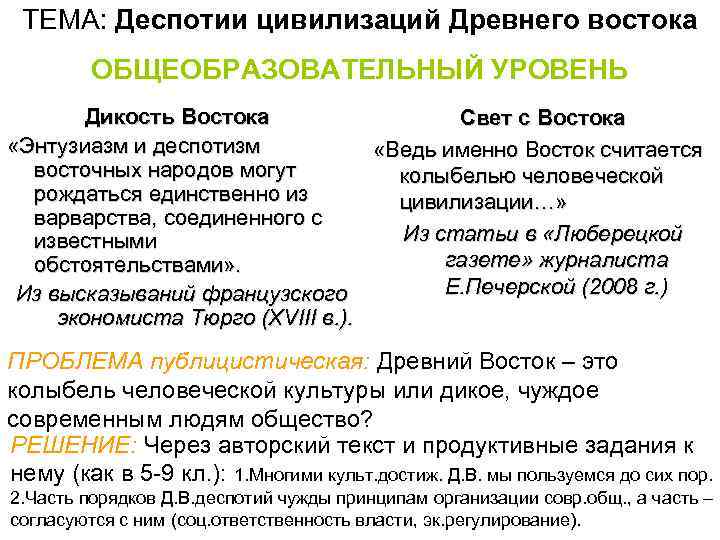  ТЕМА: Деспотии цивилизаций Древнего востока ОБЩЕОБРАЗОВАТЕЛЬНЫЙ УРОВЕНЬ Дикость Востока Свет с Востока «Энтузиазм