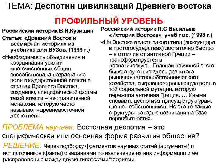  ТЕМА: Деспотии цивилизаций Древнего востока ПРОФИЛЬНЫЙ УРОВЕНЬ Российский историк В. И. Кузищин Российский