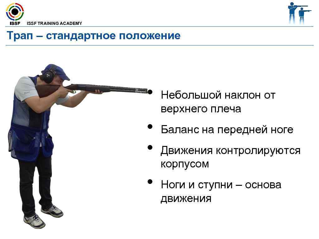  ISSF TRAINING ACADEMY Трап – стандартное положение • Небольшой наклон от верхнего плеча