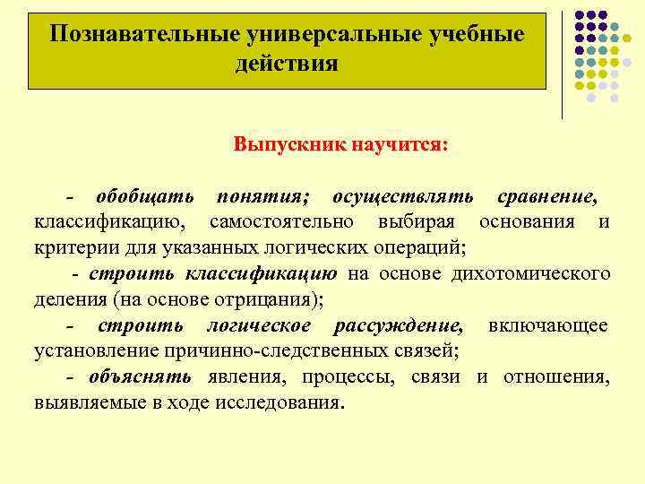  Познавательные универсальные учебные действия Выпускник научится: - обобщать понятия; осуществлять сравнение, классификацию, самостоятельно