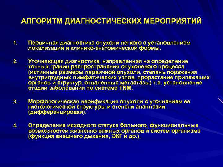 АЛГОРИТМ ДИАГНОСТИЧЕСКИХ МЕРОПРИЯТИЙ 1. Первичная диагностика опухоли легкого с установлением локализации и клинико-анатомической формы.
