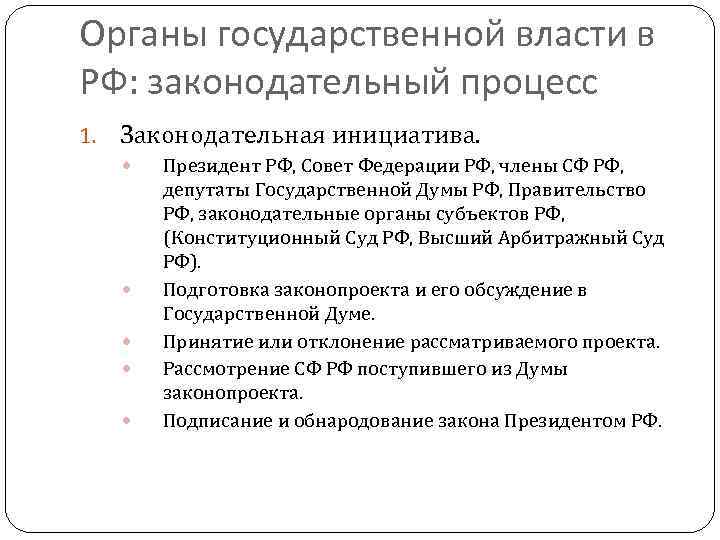 Органы государственной власти в РФ: законодательный процесс 1. Законодательная инициатива. Президент РФ, Совет Федерации