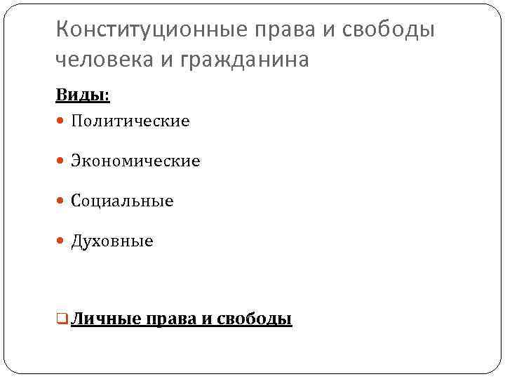 Конституционные права и свободы человека и гражданина Виды: Политические Экономические Социальные Духовные q Личные