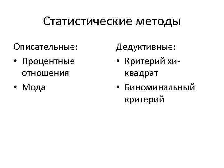  Статистические методы Описательные: Дедуктивные: • Процентные • Критерий хи- отношения квадрат • Мода