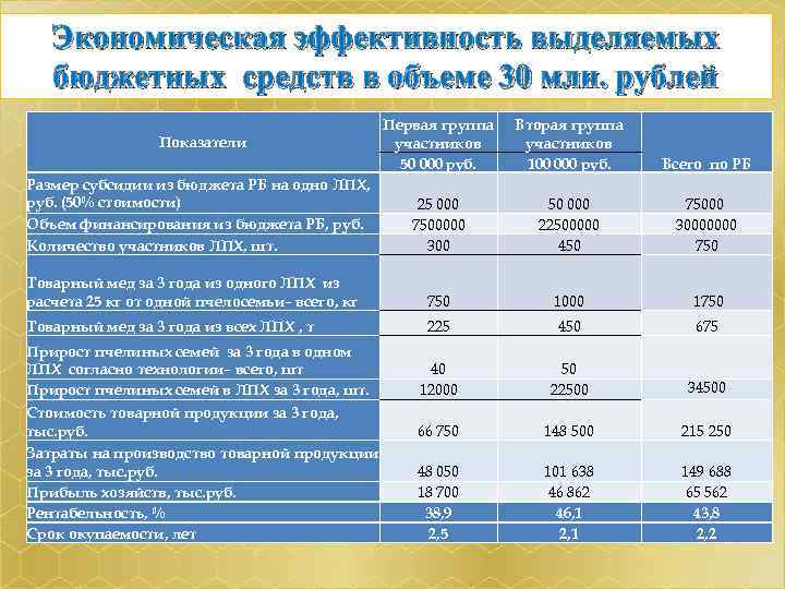  Экономическая эффективность выделяемых бюджетных средств в объеме 30 млн. рублей Первая группа Вторая