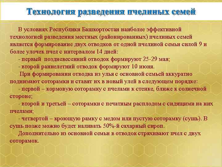  Технология разведения пчелиных семей В условиях Республики Башкортостан наиболее эффективной технологией разведения местных