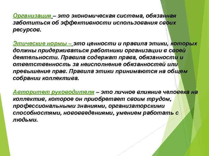 Организация – это экономическая система, обязанная заботиться об эффективности использования своих ресурсов. Этические нормы