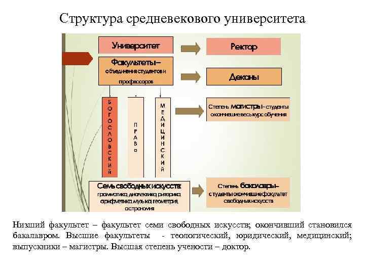 Структура средневекового университета Низший факультет – факультет семи свободных искусств; окончивший становился бакалавром. Высшие