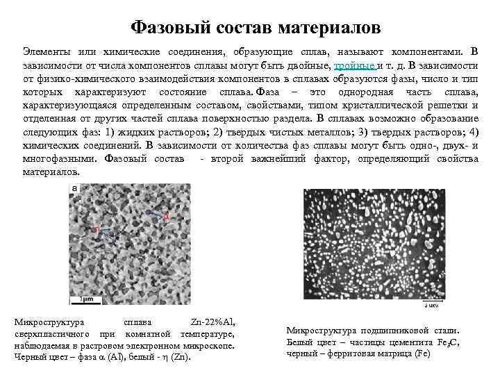 Фазовый состав материалов Элементы или химические соединения, образующие сплав, называют компонентами. В зависимости от