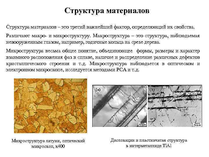 Структура материалов – это третий важнейший фактор, определяющий их свойства. Различают макро- и микроструктуру.