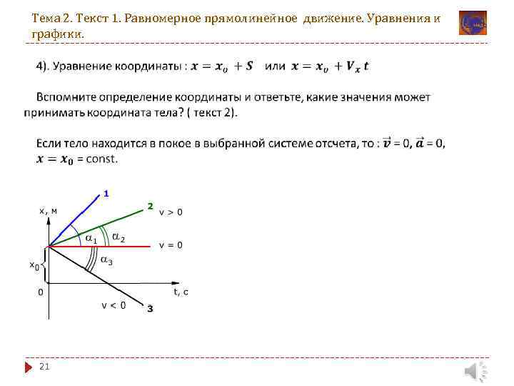 Тема 2. Текст 1. Равномерное прямолинейное движение. Уравнения и графики. 21 