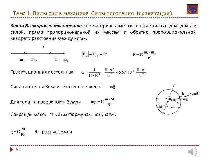 Тема 1. Виды сил в механике. Силы тяготения (гравитации). Закон Всемирного тяготения: две материальные