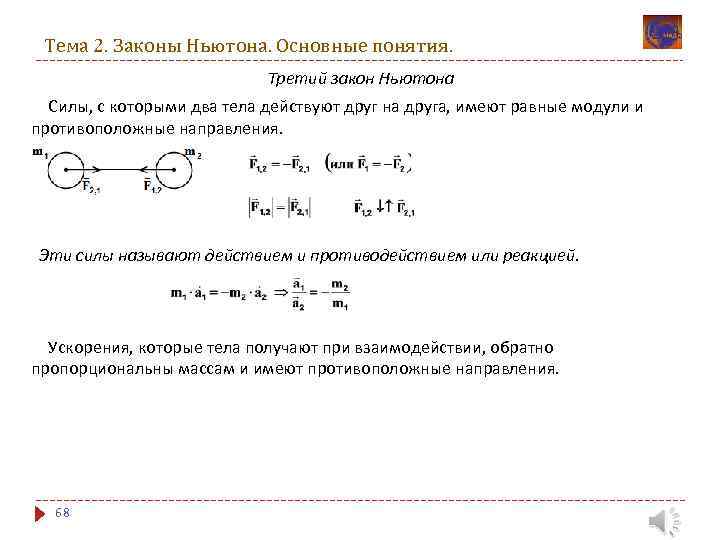 Тема 2. Законы Ньютона. Основные понятия. Третий закон Ньютона Силы, с которыми два тела