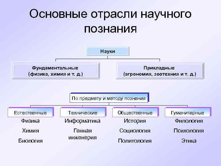 Основные отрасли научного познания Науки Фундаментальные (физика, химия и т. д. ) Прикладные (агрономия,