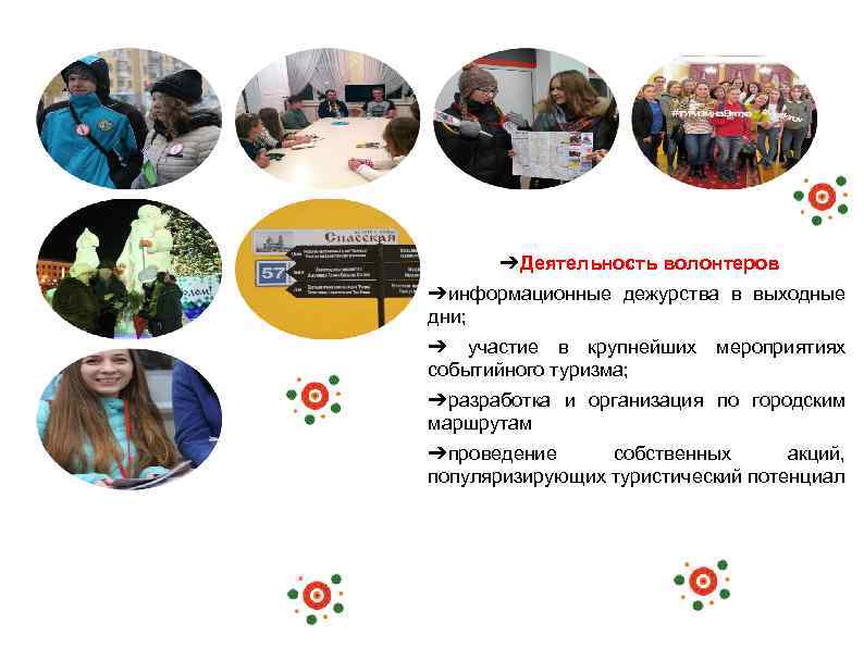 ➔Деятельность волонтеров ➔информационные дежурства в выходные дни; ➔ участие в крупнейших мероприятиях событийного туризма;