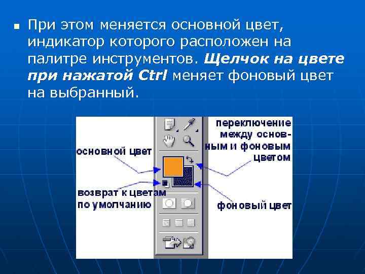 n При этом меняется основной цвет, индикатор которого расположен на палитре инструментов. Щелчок на