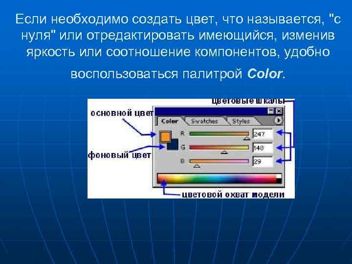 Если необходимо создать цвет, что называется, "с нуля" или отредактировать имеющийся, изменив яркость или