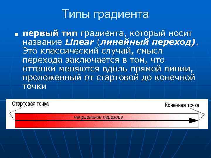 Типы градиента n первый тип градиента, который носит название Linear (линейный переход). Это классический