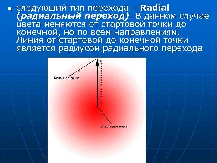 n следующий тип перехода – Radial (радиальный переход). В данном случае цвета меняются от