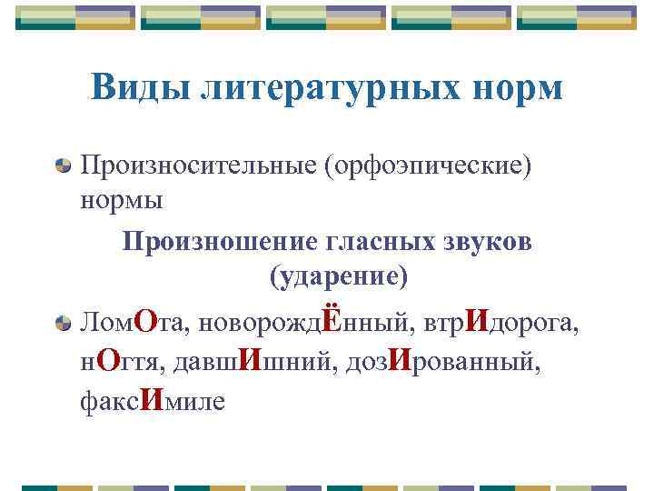 Виды литературных норм Произносительные (орфоэпические) нормы Произношение гласных звуков (ударение) Лом. Ота, новорождЁнный, втр.