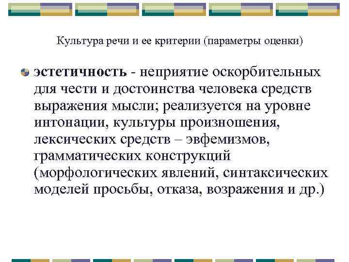 Культура речи и ее критерии (параметры оценки) эстетичность - неприятие оскорбительных для чести и