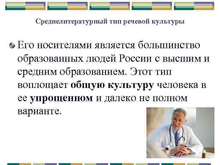 Среднелитературный тип речевой культуры Его носителями является большинство образованных людей России с высшим и