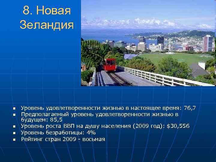 8. Новая Зеландия n n n Уровень удовлетворенности жизнью в настоящее время: 76, 7
