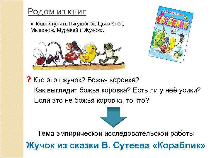 Родом из книг «Пошли гулять Лягушонок, Цыпленок, Мышонок, Муравей и Жучок» . ? Кто