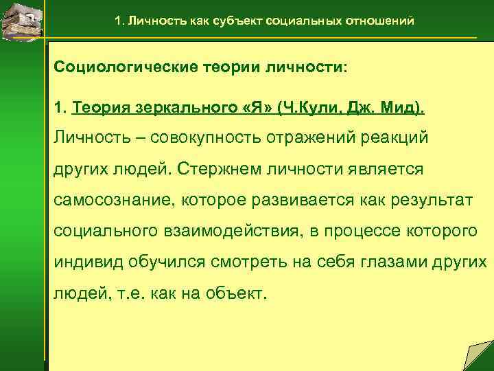 1. Личность как субъект социальных отношений Социологические теории личности: 1. Теория зеркального «Я» (Ч.