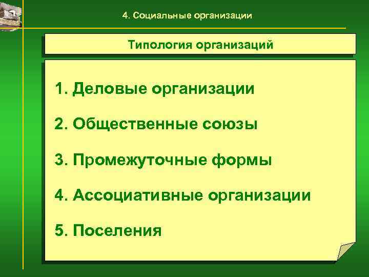 4. Социальные организации Типология организаций 1. Деловые организации 2. Общественные союзы 3. Промежуточные формы